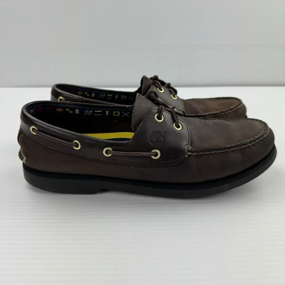 Timberland Men’s Leather Boat Shoes Brown Size 12 M Moc Toe Lace Up